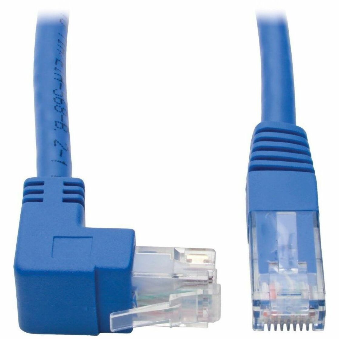 Close-up view of blue Cat6 patch cable showing 90-degree up-angle connector and standard RJ45 connector-alternate-image1