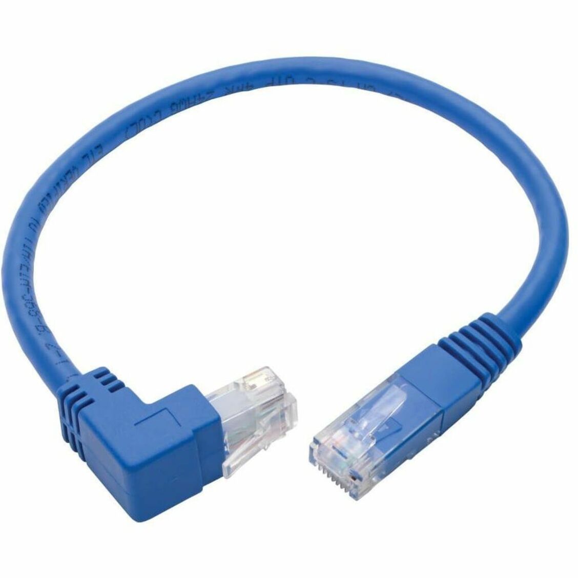 Full view of 1-foot blue Cat6 patch cable with up-angle and straight connectors-alternate-image2