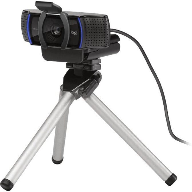 Logitech C920S mounted on tripod showing versatile positioning