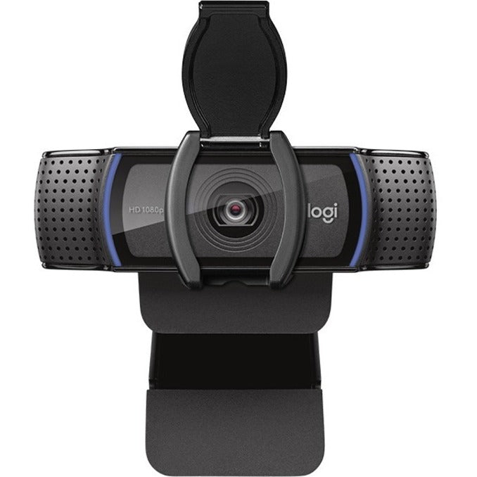 Front view of Logitech C920S HD webcam showing lens and microphone array