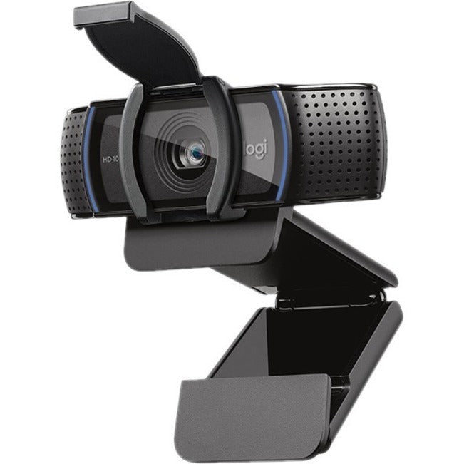 Logitech C920S HD webcam with privacy shutter open, showing lens and stereo microphones