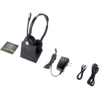 Jabra Engage 75 headset complete package showing headset on charging base with power adapter and connection cables-alternate-image1