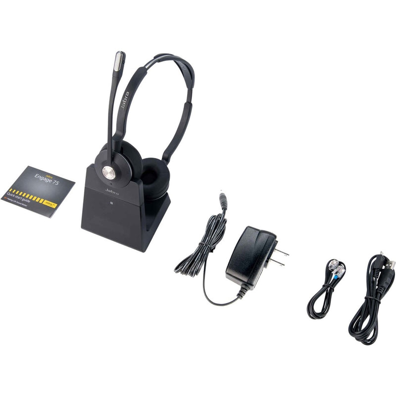 Jabra Engage 75 headset complete package showing headset on charging base with power adapter and connection cables