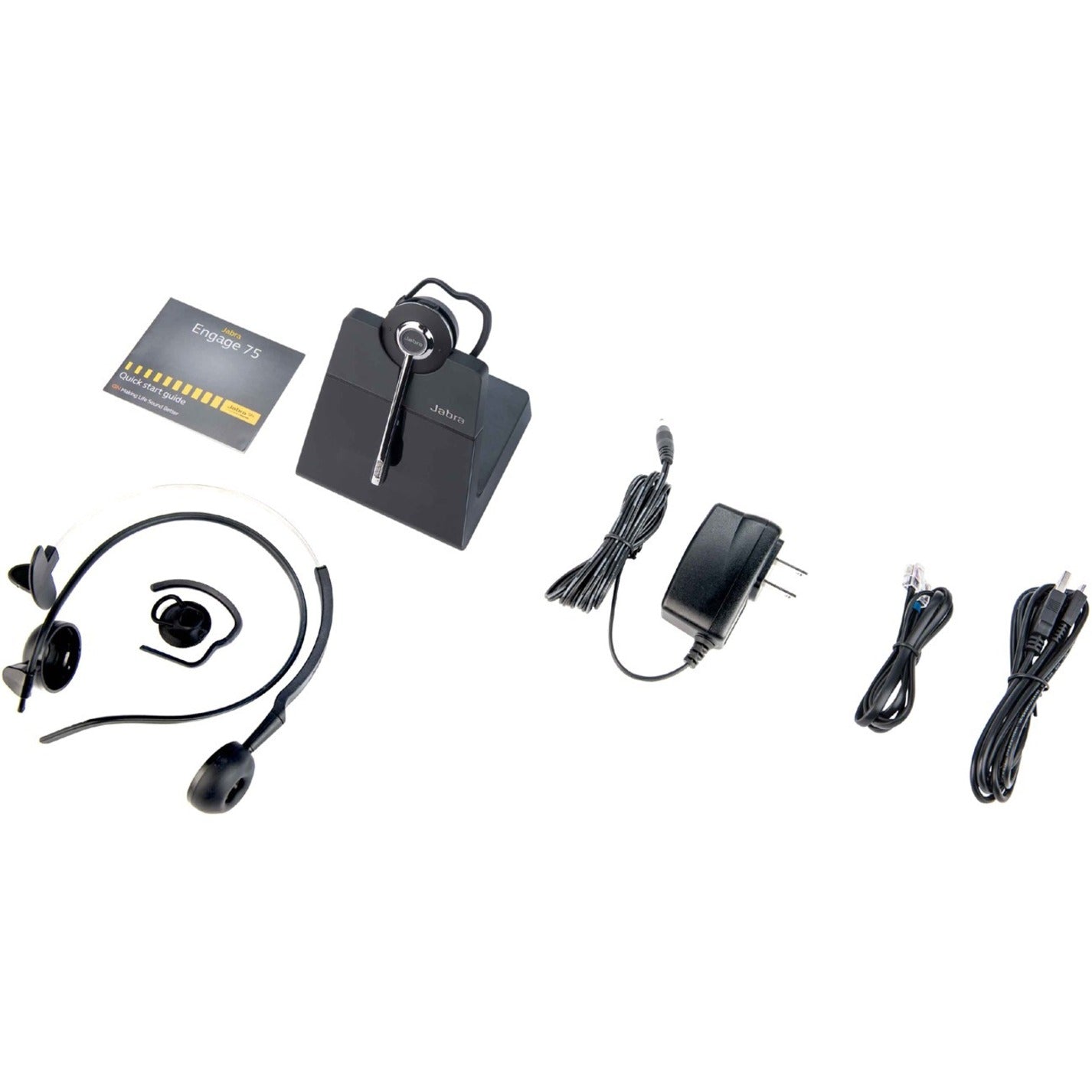 Complete Jabra Engage 75 headset kit with base station, headset, and accessories laid out-alternate-image2