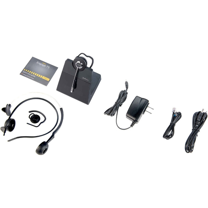 Complete Jabra Engage 75 headset kit with base station, headset, and accessories laid out