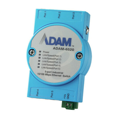 ADAM-6520 5-port industrial Ethernet switch in light blue housing with LED indicators and terminal block connection-alternate-image1