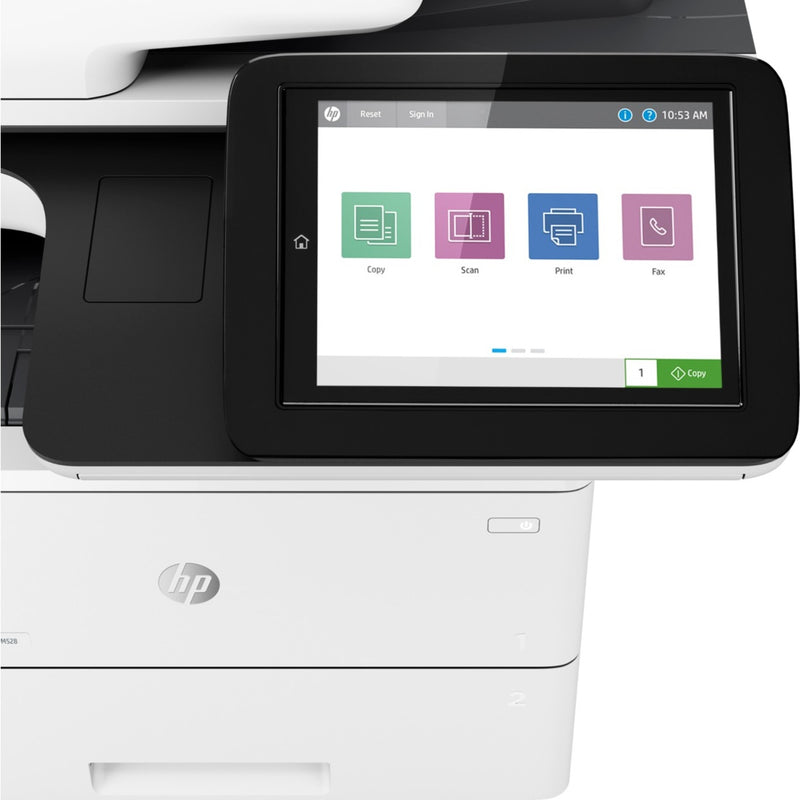 Close-up of HP LaserJet Enterprise M528's touchscreen interface showing menu options