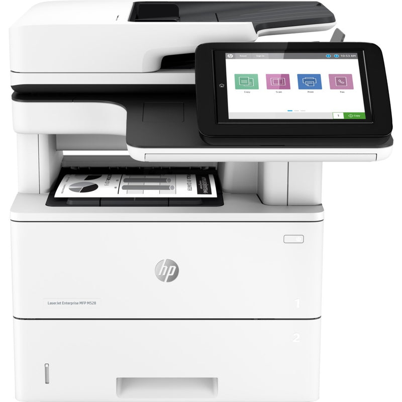 Front view of HP LaserJet Enterprise M528 multifunction printer showing touchscreen interface and document output