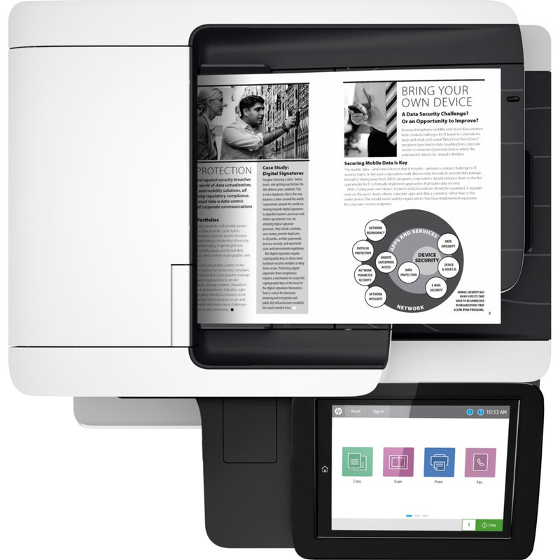 Top view of HP LaserJet Enterprise M528 displaying security features and scanning capabilities