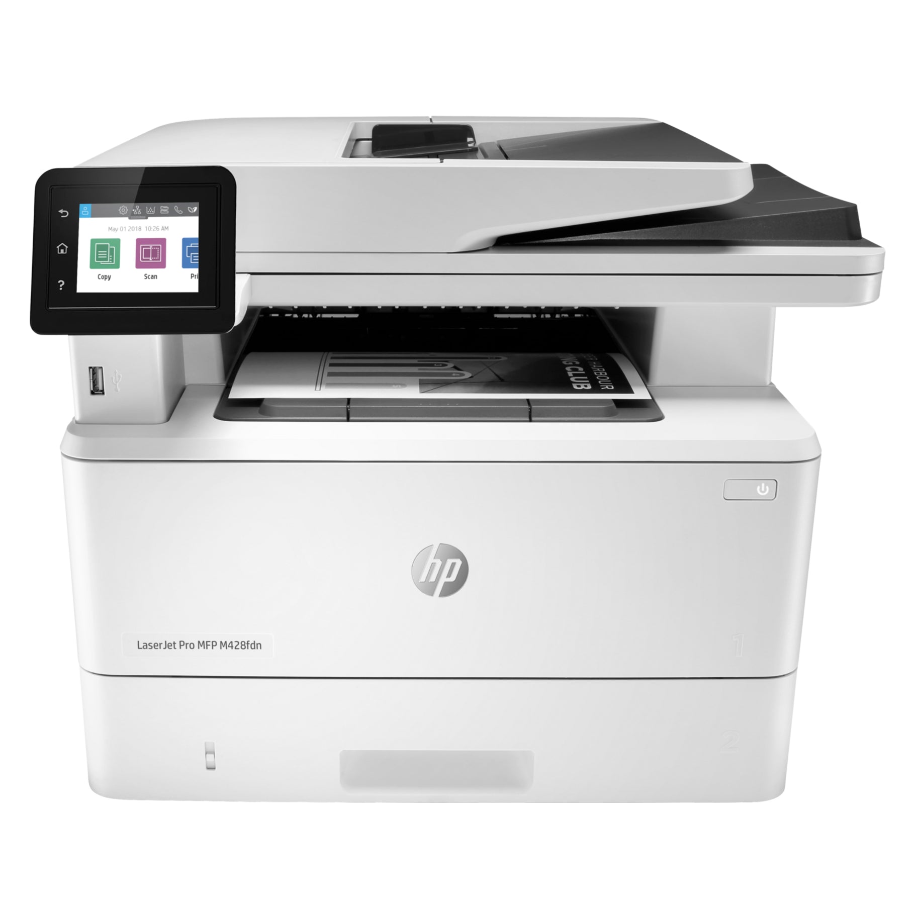 Front view of HP LaserJet Pro MFP M428fdn showing touchscreen interface and paper output tray-alternate-image1