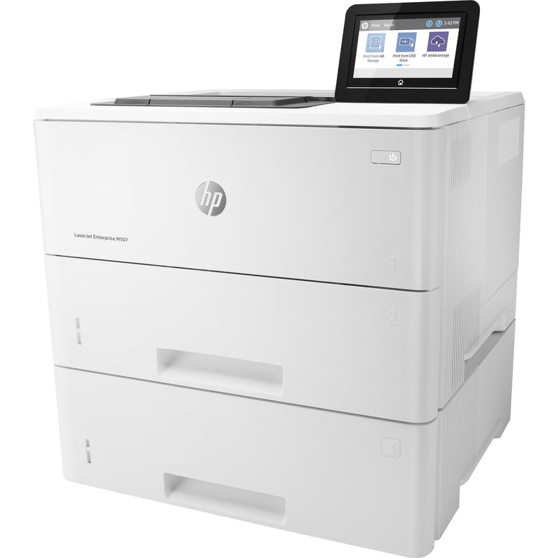 Side profile view of HP LaserJet M507x printer showing ergonomic design