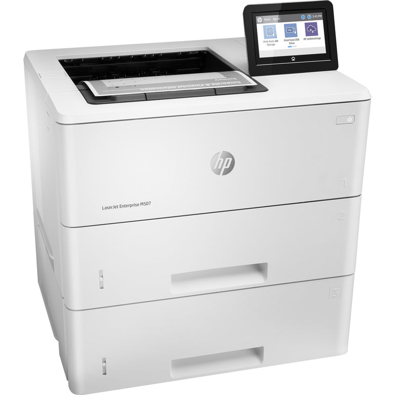 Side angle view of HP LaserJet M507x emphasizing touchscreen interface