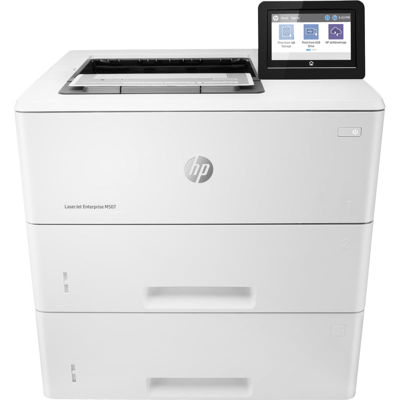 Direct front view of HP LaserJet M507x showing clean design and interface