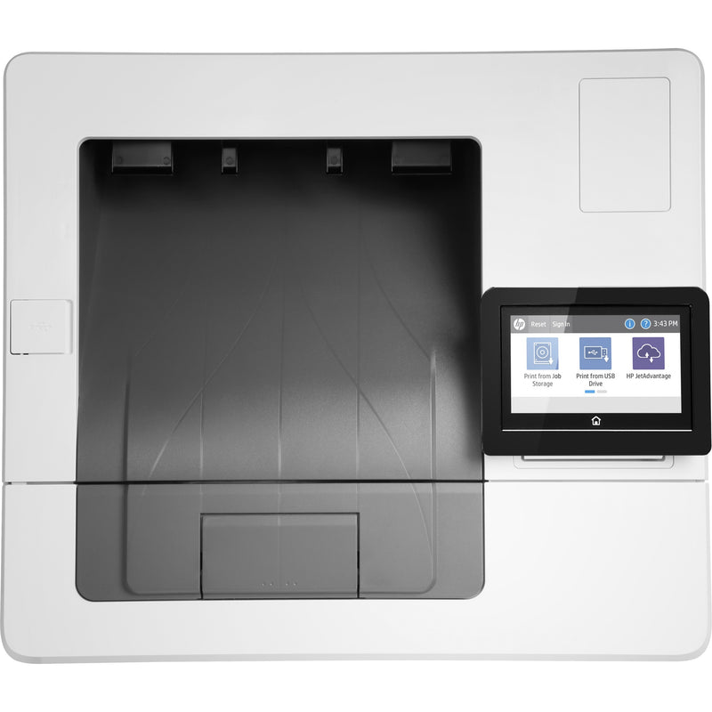 Top view of HP LaserJet M507x showing paper handling system