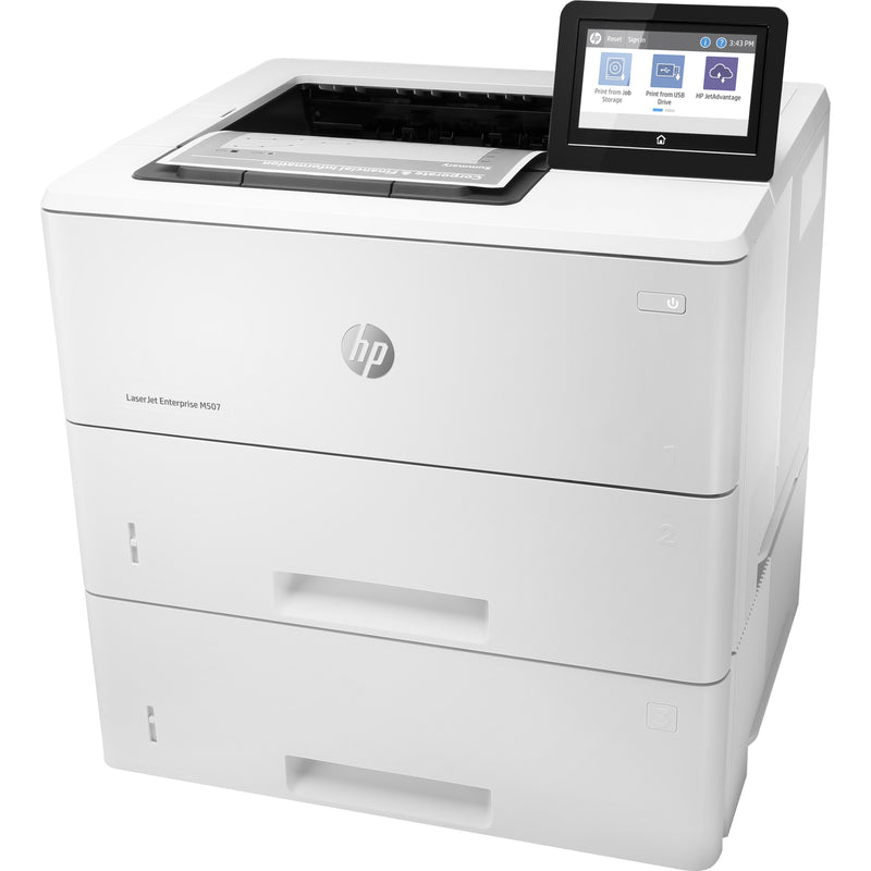 Front angled view of HP LaserJet Enterprise M507x printer showing dual paper trays and touchscreen display