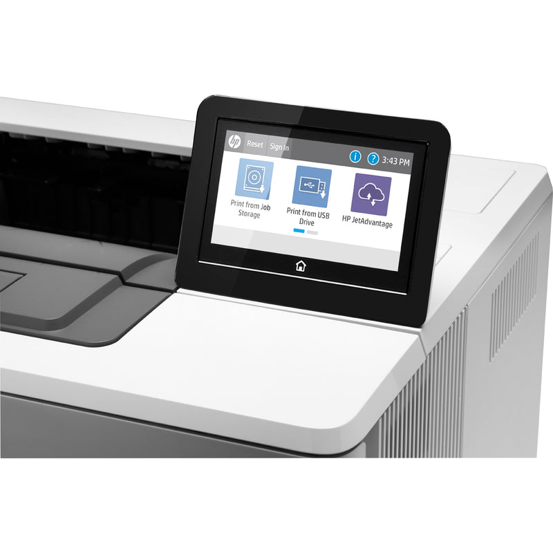 Detailed view of HP LaserJet M507x touchscreen interface showing menu options