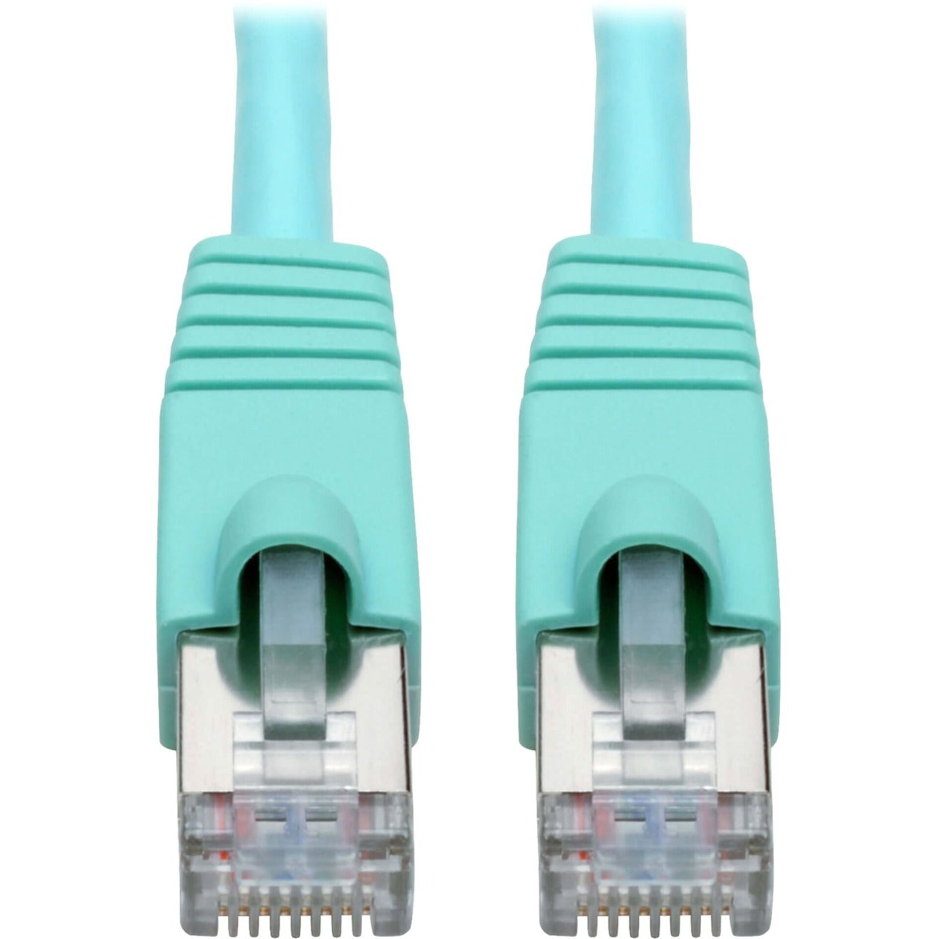 Close-up of aqua-colored snagless RJ45 connectors on Cat6a network cable-alternate-image1