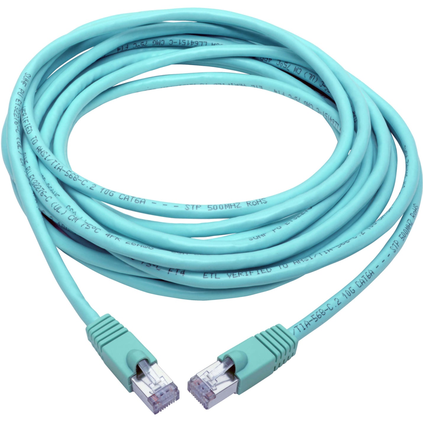 Full length view of 25-foot aqua Cat6a network patch cable with connectors-alternate-image2