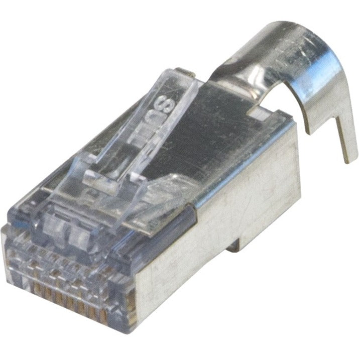 Close-up view of ezEX44 shielded RJ45 connector showing transparent housing and metal shielding design