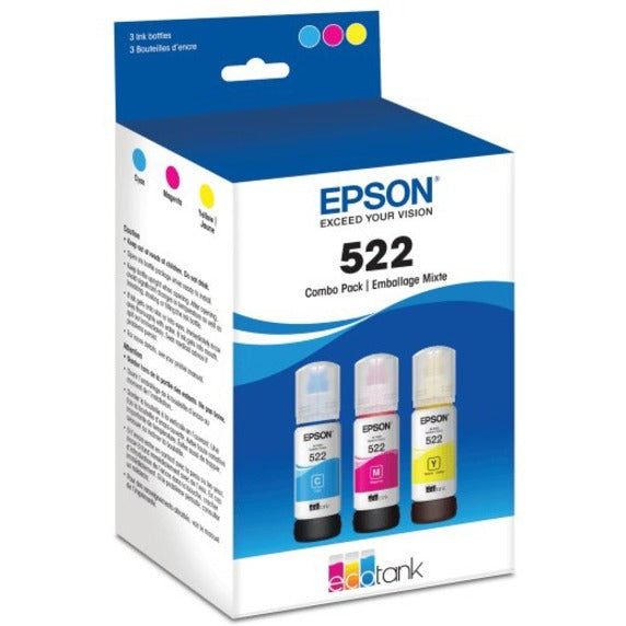 Epson T522 ink refill kit containing three bottles of cyan, magenta, and yellow ink for EcoTank printers-alternate-image1