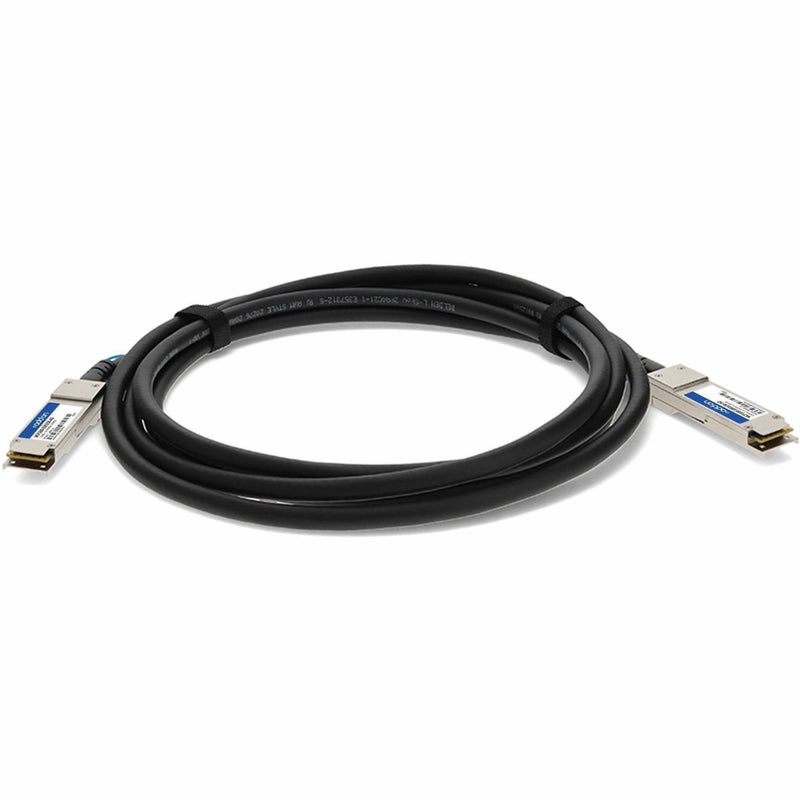 Full length view of QSFP28 cable highlighting TAA-compliant manufacturing