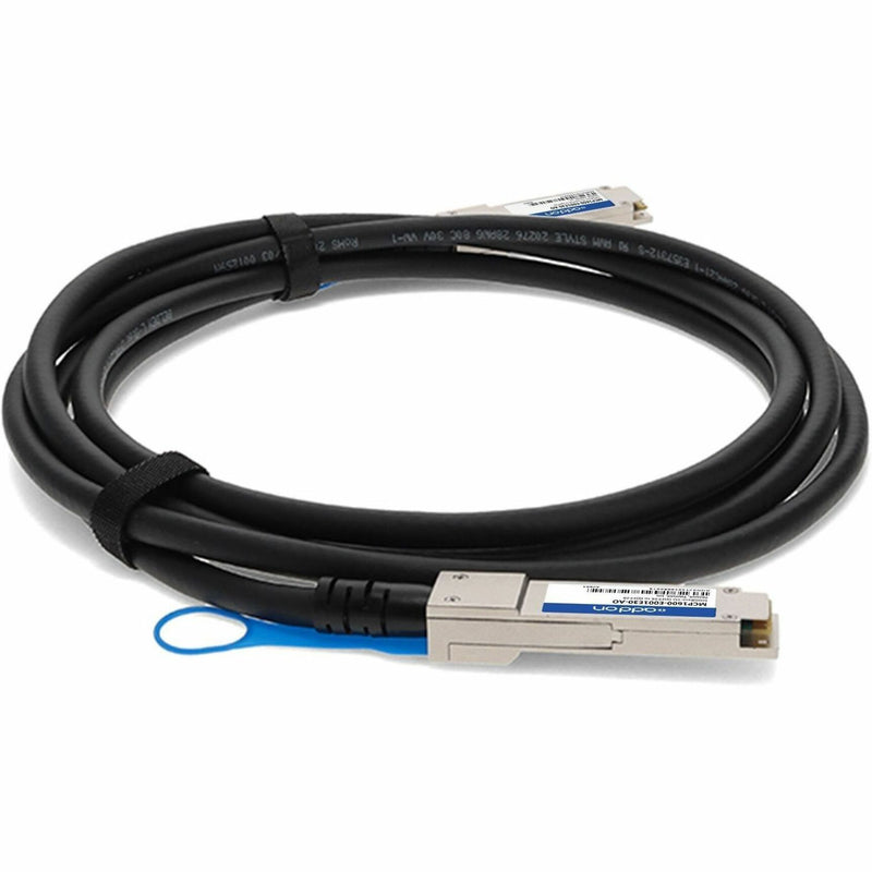 Detailed view of QSFP28 cable emphasizing MSA-compliant construction