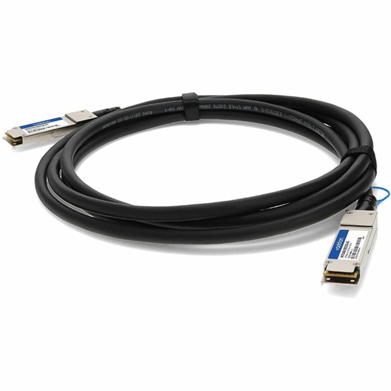 AddOn QSFP28 100G direct attach copper cable with black jacket and metal connectors, front view