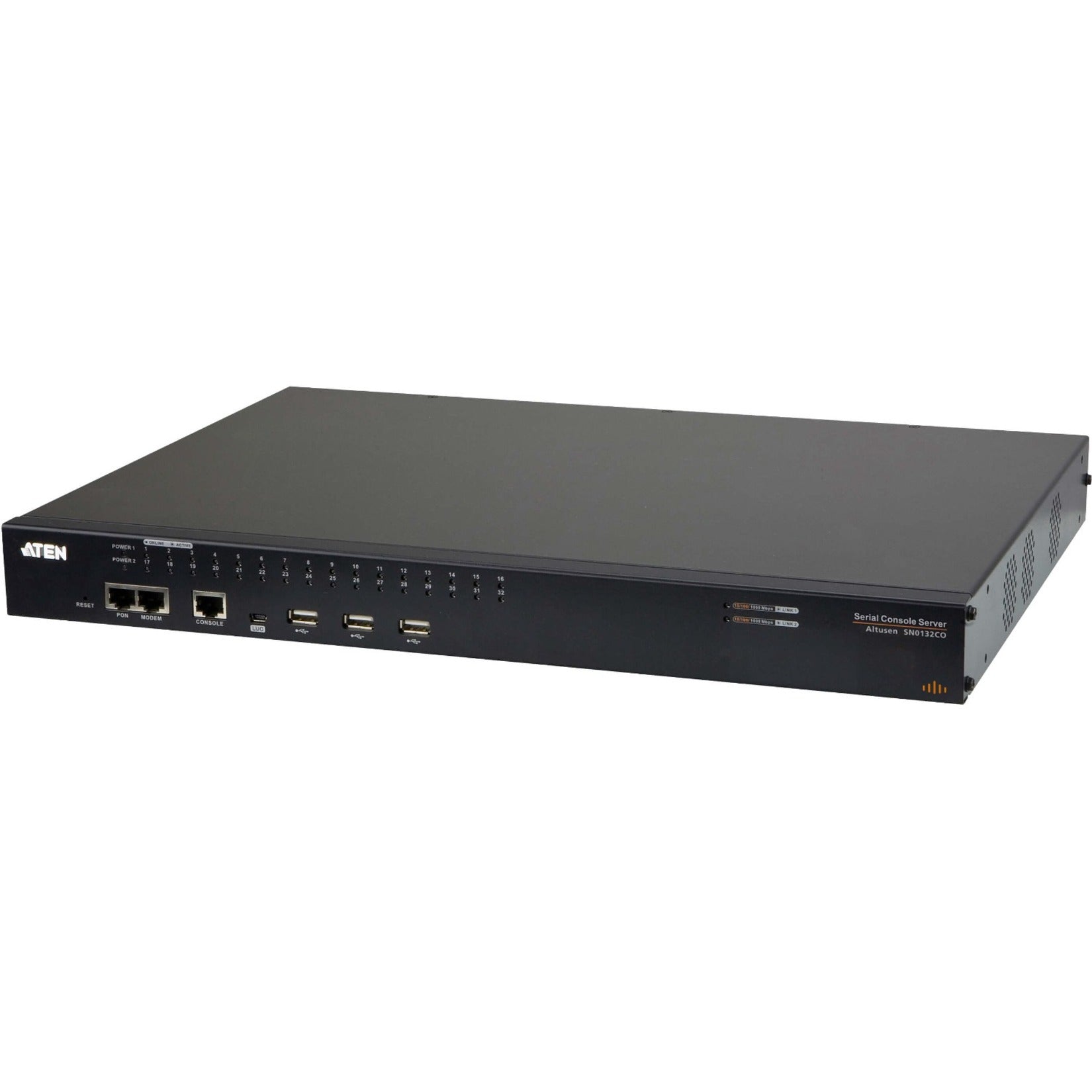 Front view of ATEN SN0132CO serial console server showing LED indicators, dual Ethernet ports, and USB console connections-alternate-image1