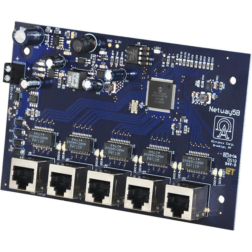 Close-up view of Altronix NETWAY5B circuit board showing five RJ-45 ports, integrated circuits, and power management components on a blue PCB-alternate-image1