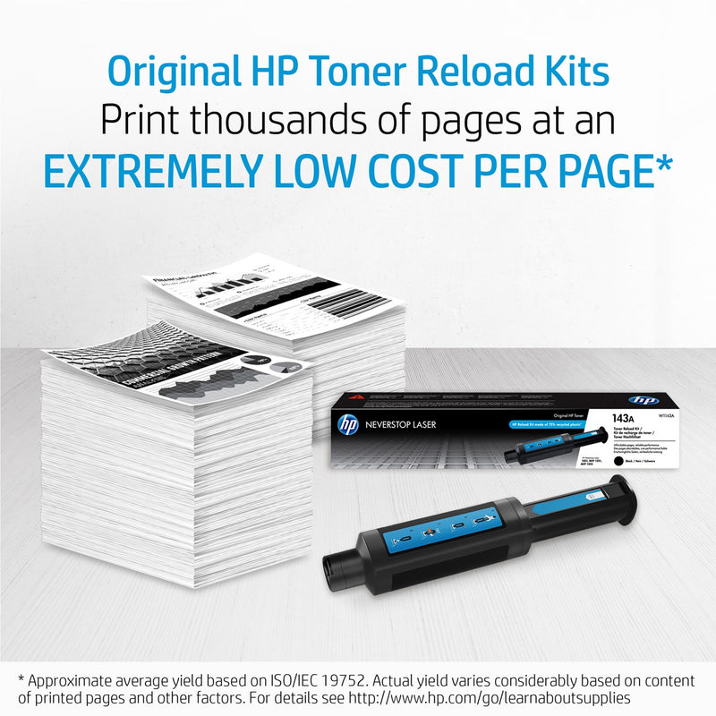 HP toner reload kit with stack of printed pages showing volume capacity