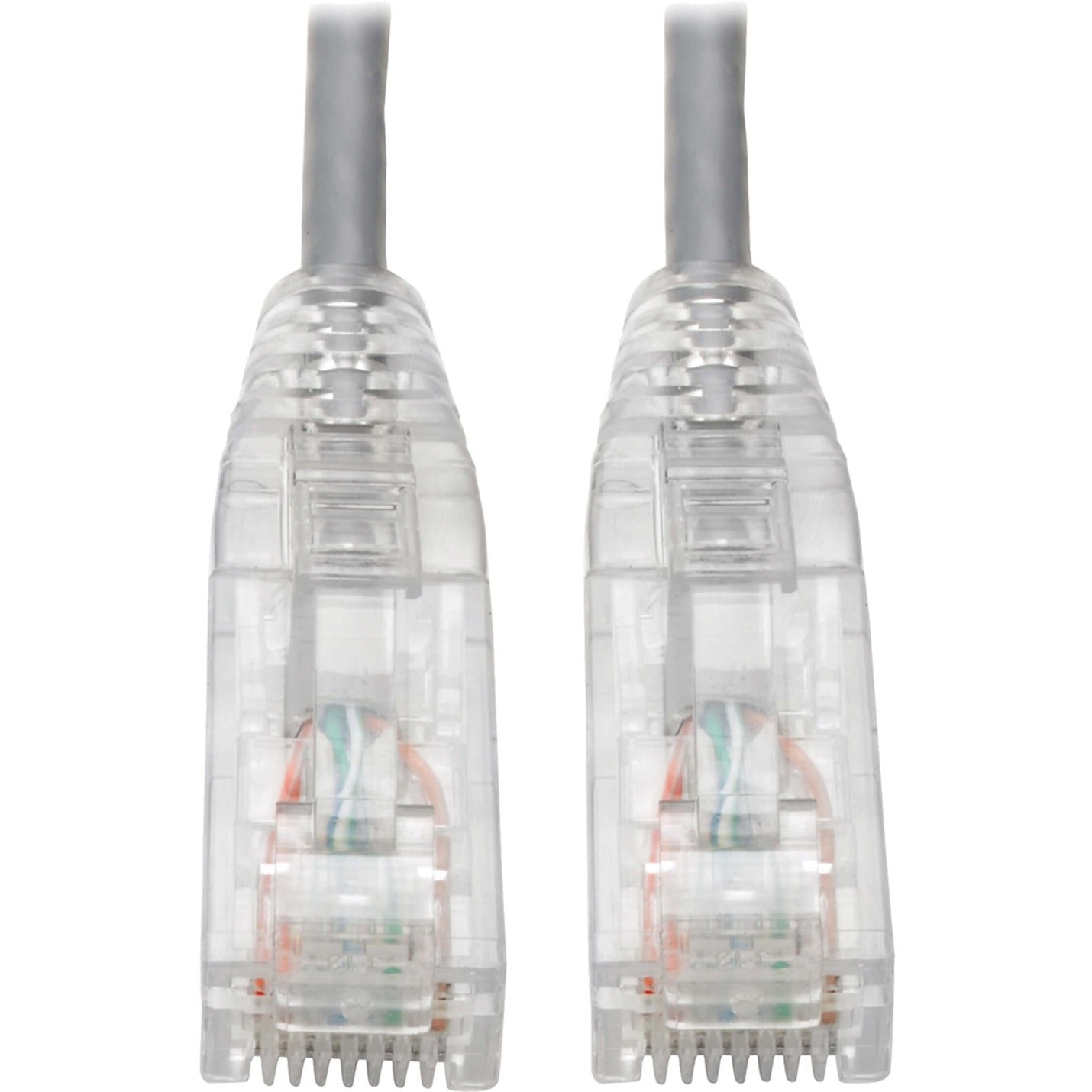 Close-up view of transparent RJ45 connectors with gold-plated contacts on Cat6 cable-alternate-image1