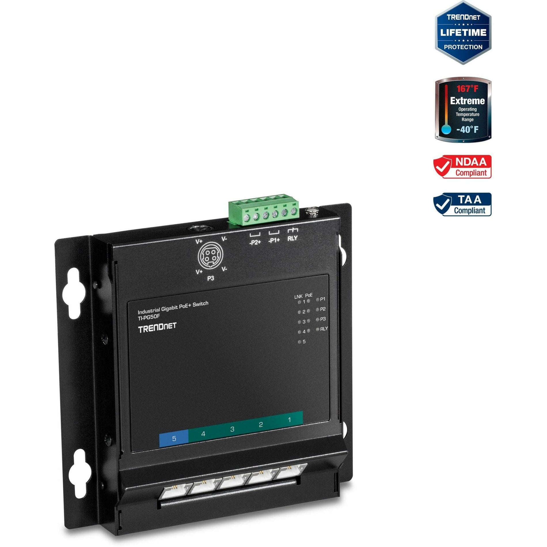 Front view of TRENDnet TI-PG50F industrial PoE+ switch with certification badges-alternate-image1