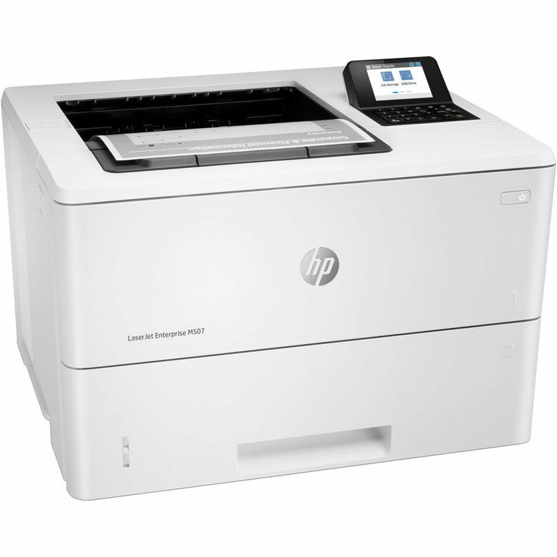 Side angle view of HP LaserJet Enterprise M507 showing accessibility features