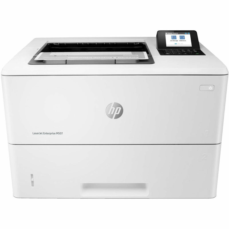 Angled front view of HP LaserJet Enterprise M507 printer highlighting design