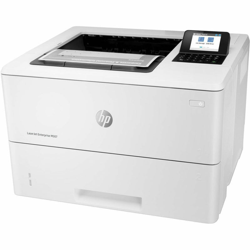 Front view of HP LaserJet Enterprise M507 printer showing control panel and paper tray