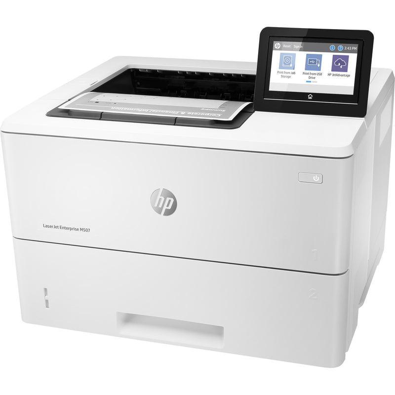 Side angle view of HP LaserJet Enterprise M507 highlighting touchscreen interface and cloud connectivity options