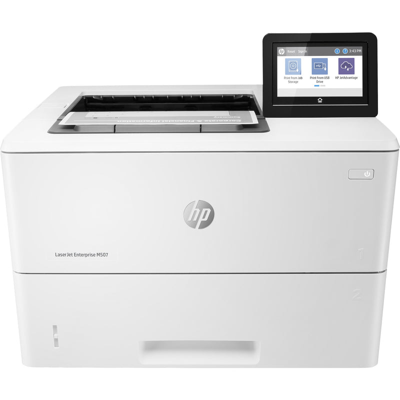 Front view of HP LaserJet Enterprise M507 printer featuring 4.3-inch touchscreen display and paper output tray