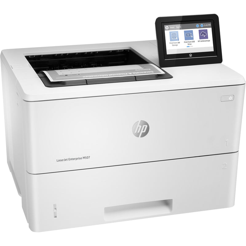 Angled view of HP LaserJet Enterprise M507 showing paper tray and touchscreen interface