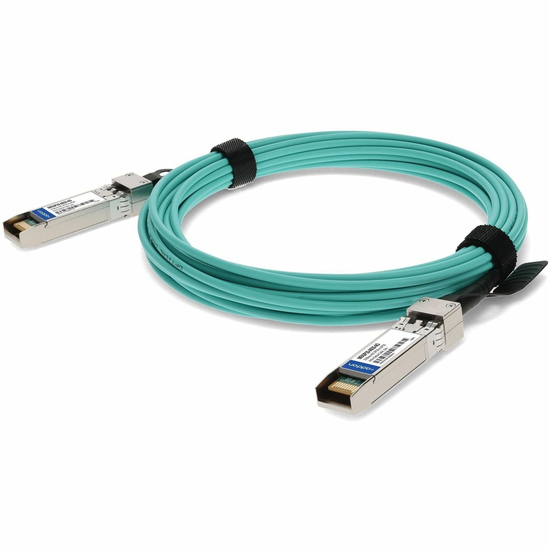 Front angle view of AddOn 25GBase-AOC SFP28 active optical cable with aqua jacket and metallic connectors-alternate-image1