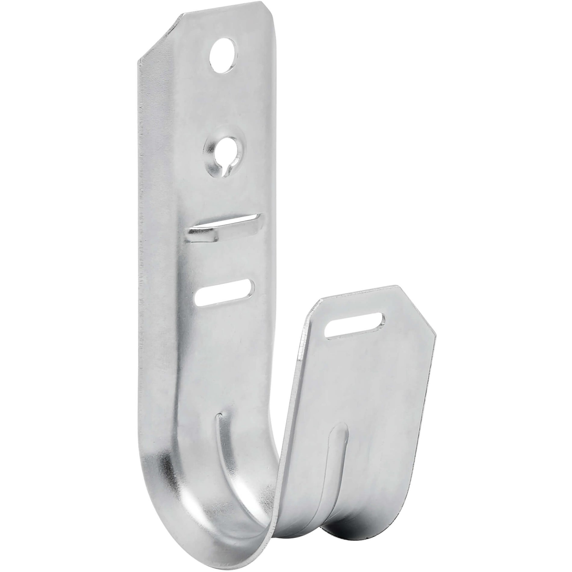 Close-up view of galvanized steel J-hook wall mount bracket showing mounting holes and cable support curve-alternate-image1