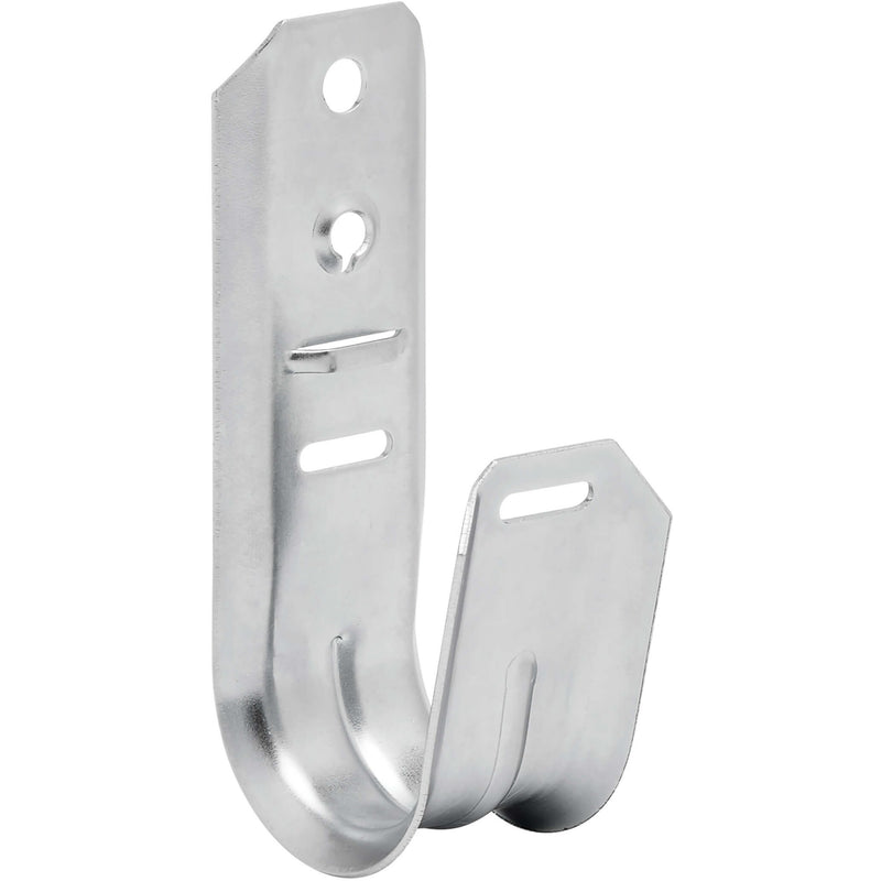 Close-up view of galvanized steel J-hook wall mount bracket showing mounting holes and cable support curve