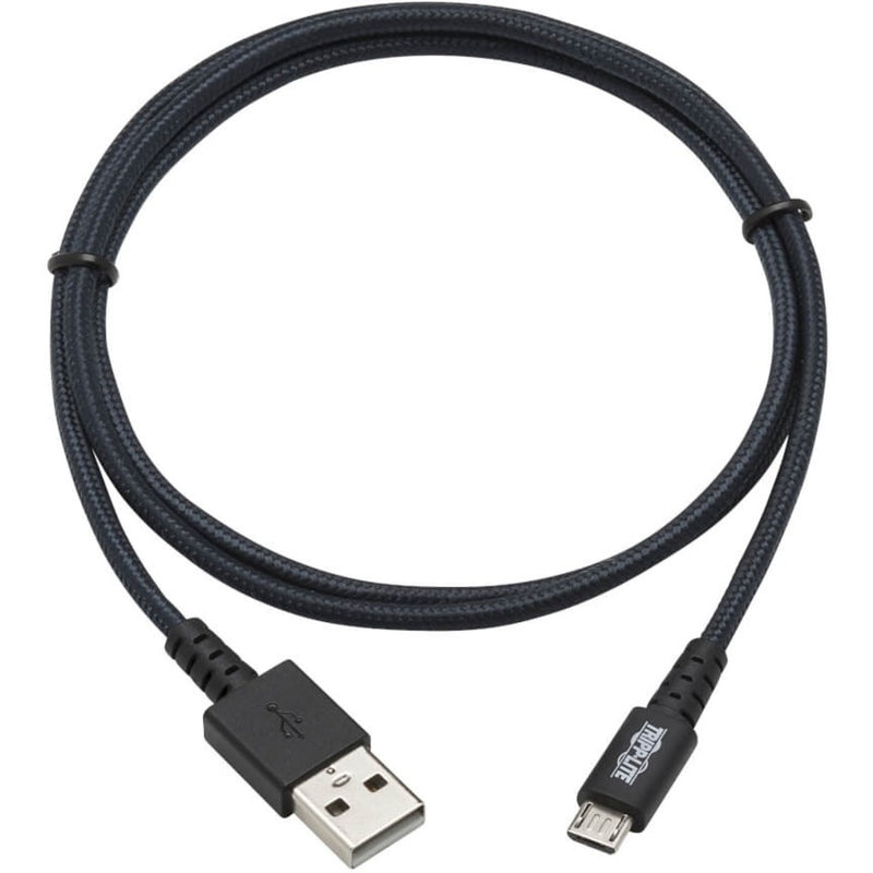 Full length view of gray nylon braided USB cable with connectors