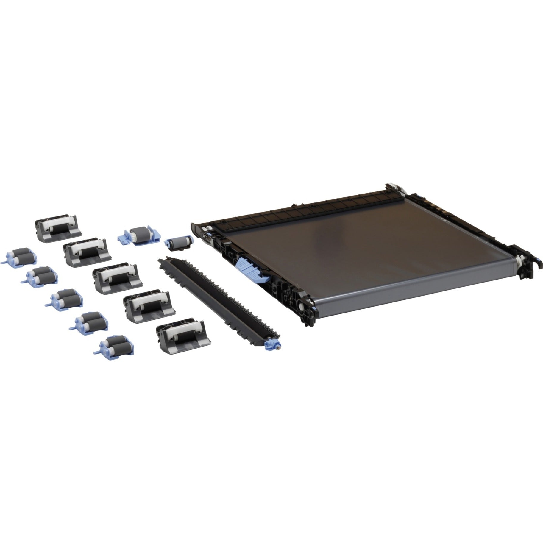 HP LaserJet transfer belt kit components including main belt unit, rollers, and installation parts laid out on white background-alternate-image1