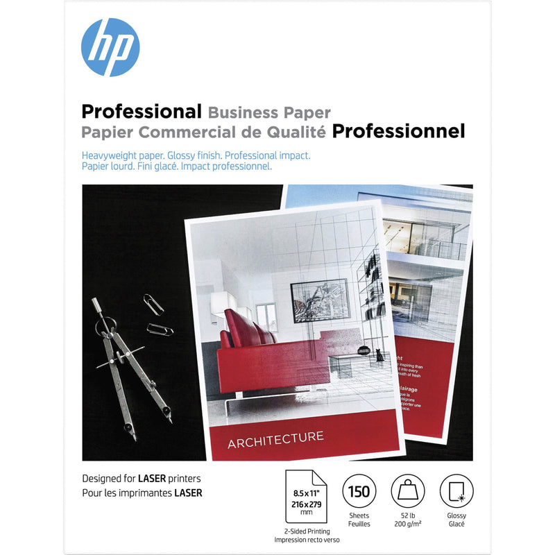 HP Professional Business Paper package featuring architectural design samples, compass tools, and product specifications for laser printing