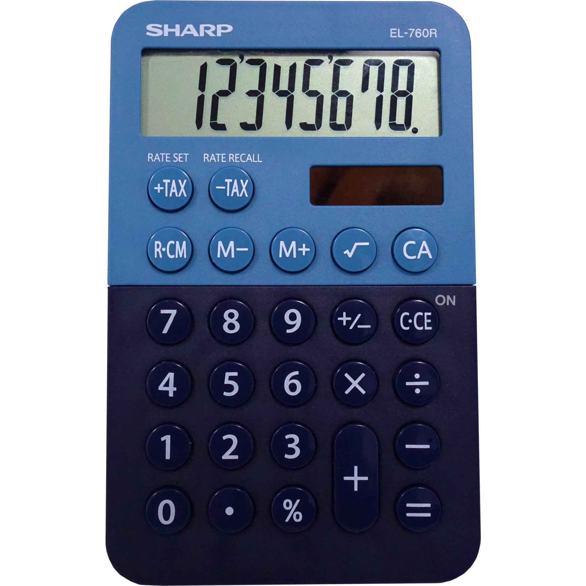 Front view of Sharp EL-760R calculator showing tax calculation keys and memory function buttons-alternate-image2