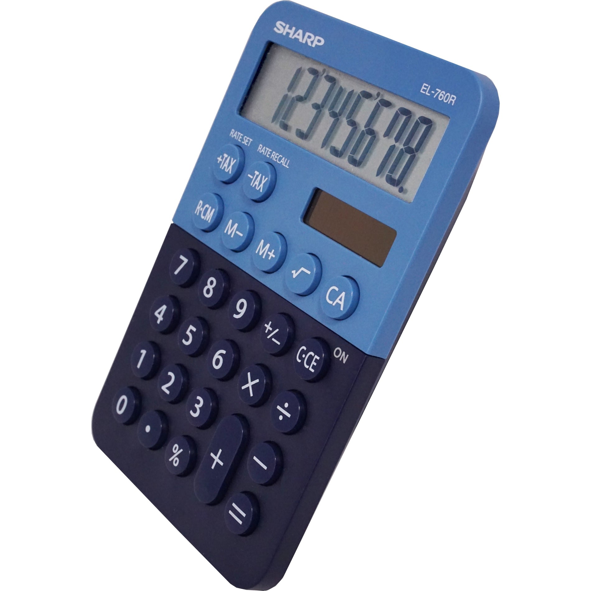 Sharp EL-760R calculator with blue top panel and navy keypad showing 8-digit LCD display and function buttons-alternate-image1