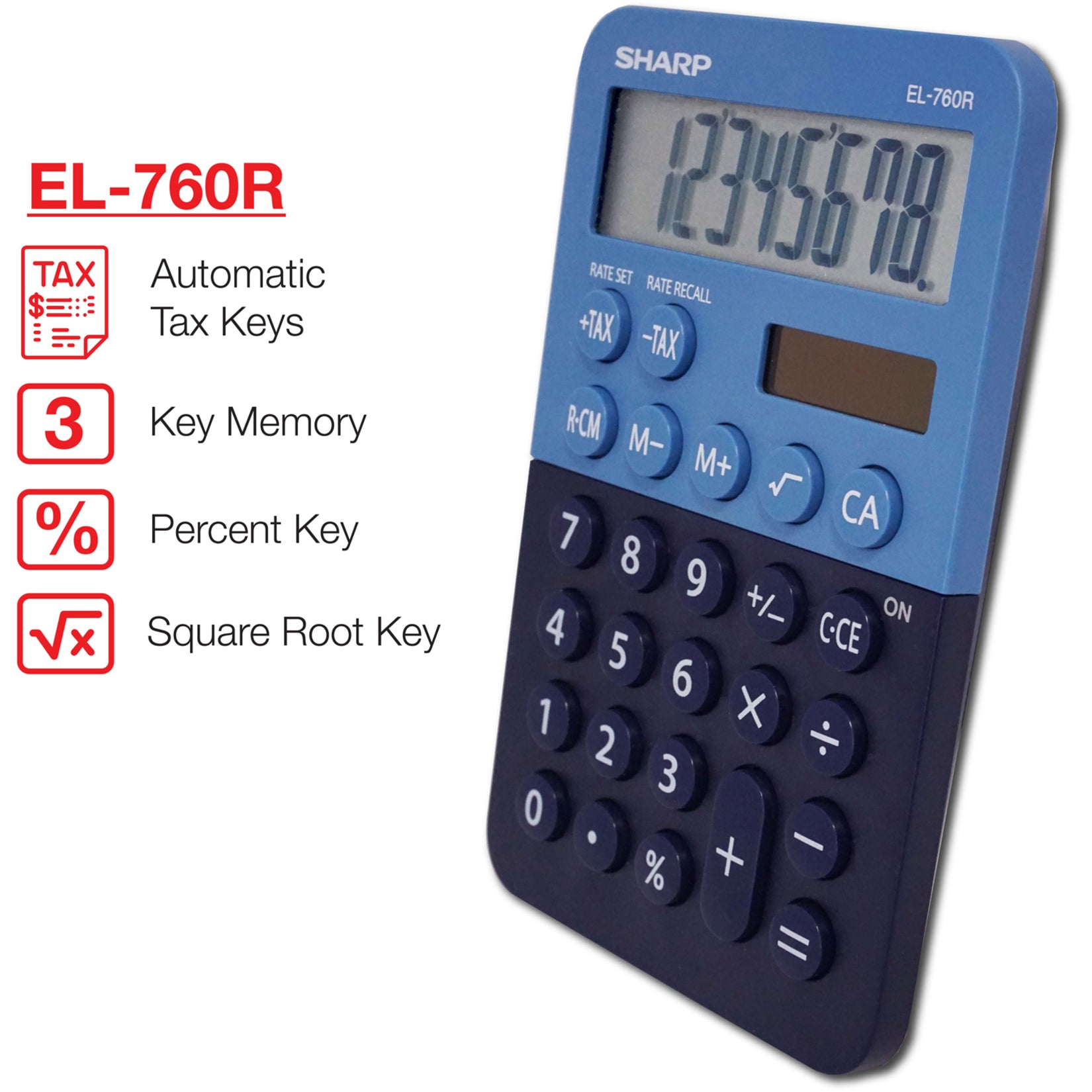 Sharp EL-760R calculator with highlighted function keys and features diagram-alternate-image4