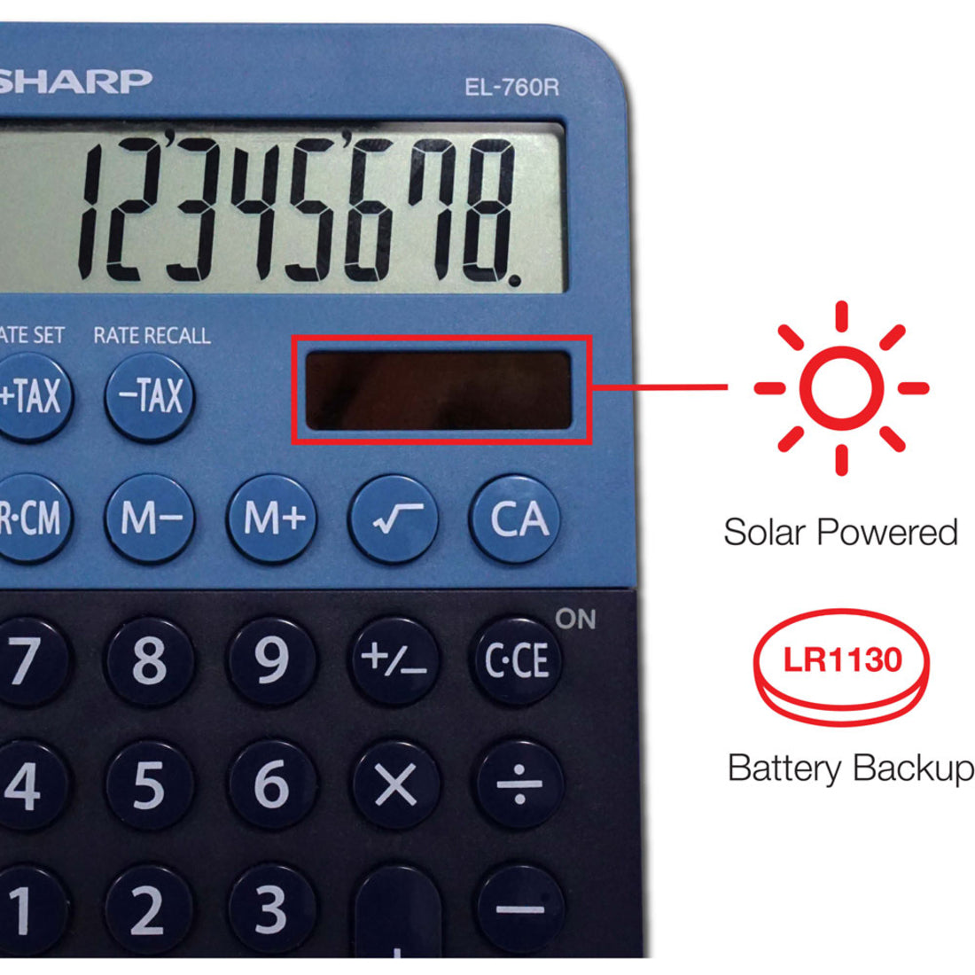 Close-up of Sharp EL-760R calculator showing solar panel and battery backup features-alternate-image6