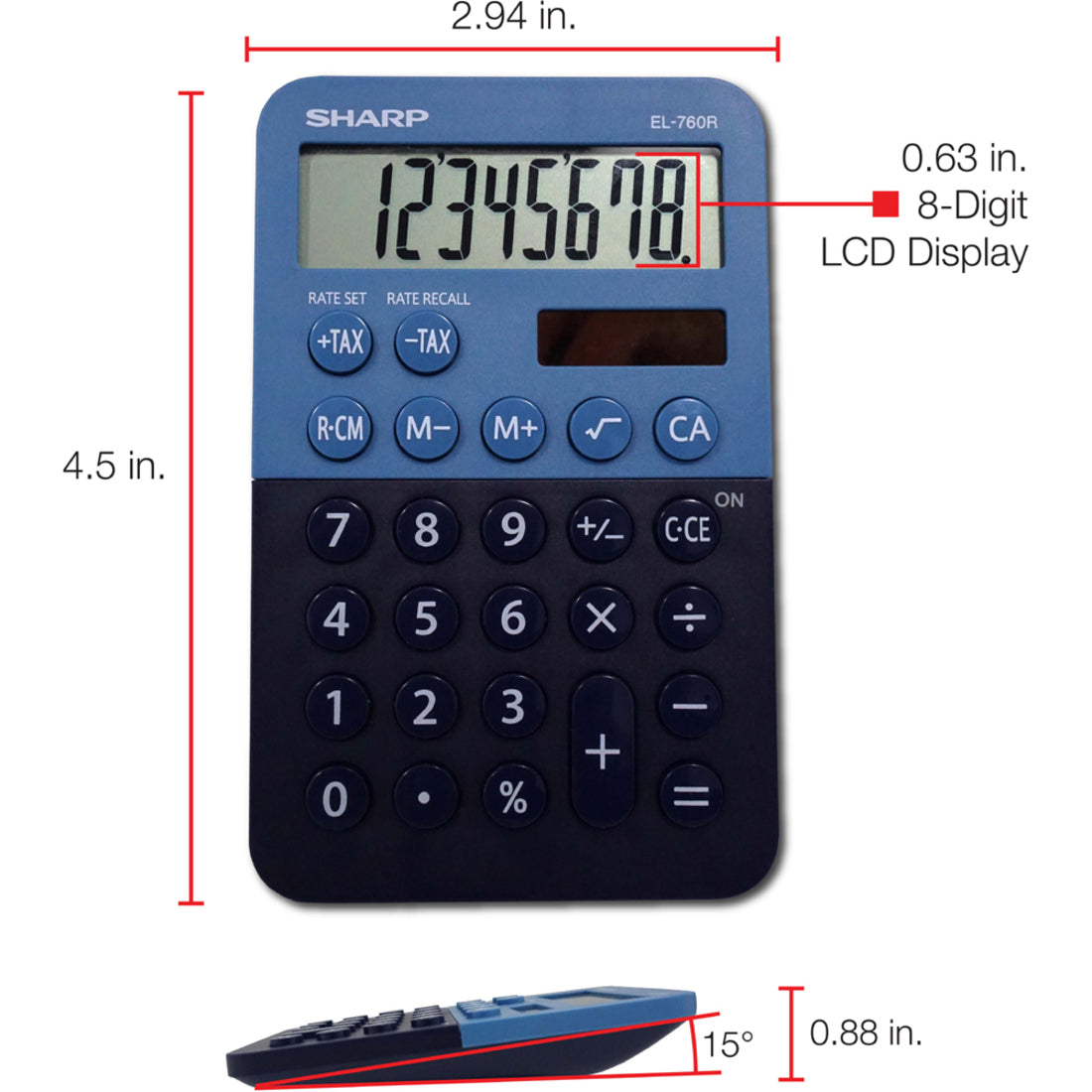 Sharp EL-760R calculator with dimensional measurements and display size specifications-alternate-image5