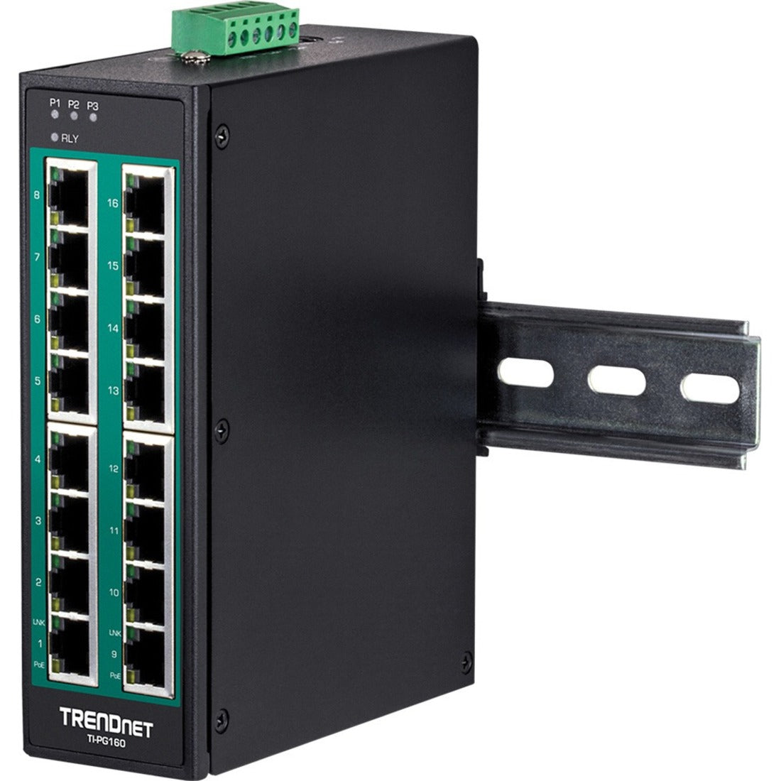 TRENDnet 16-Port Hardened Industrial Unmanaged Gigabit 10/100/1000Mbps DIN-Rail Switch w/ 16 Gigabit PoE+ Ports; Lifetime Protection; TI-PG160